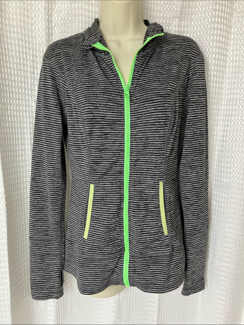 Lukka Striped Active Zip Hoodie Jacket Gray Black Neon Green Size Small